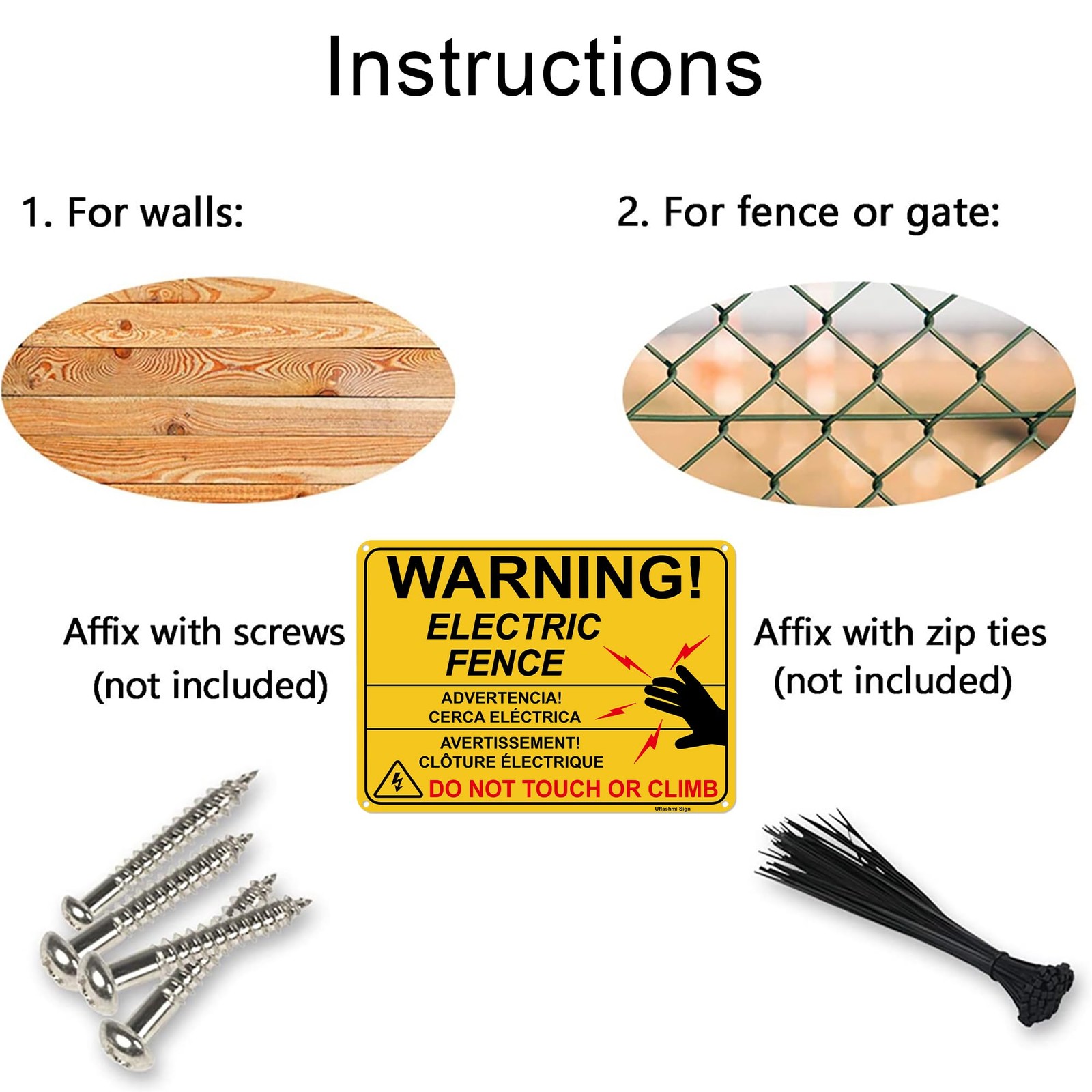 Uflashmi Electric Fence Warning Sign, Metal Electric Fence Signs, 10” x 7”, 2…