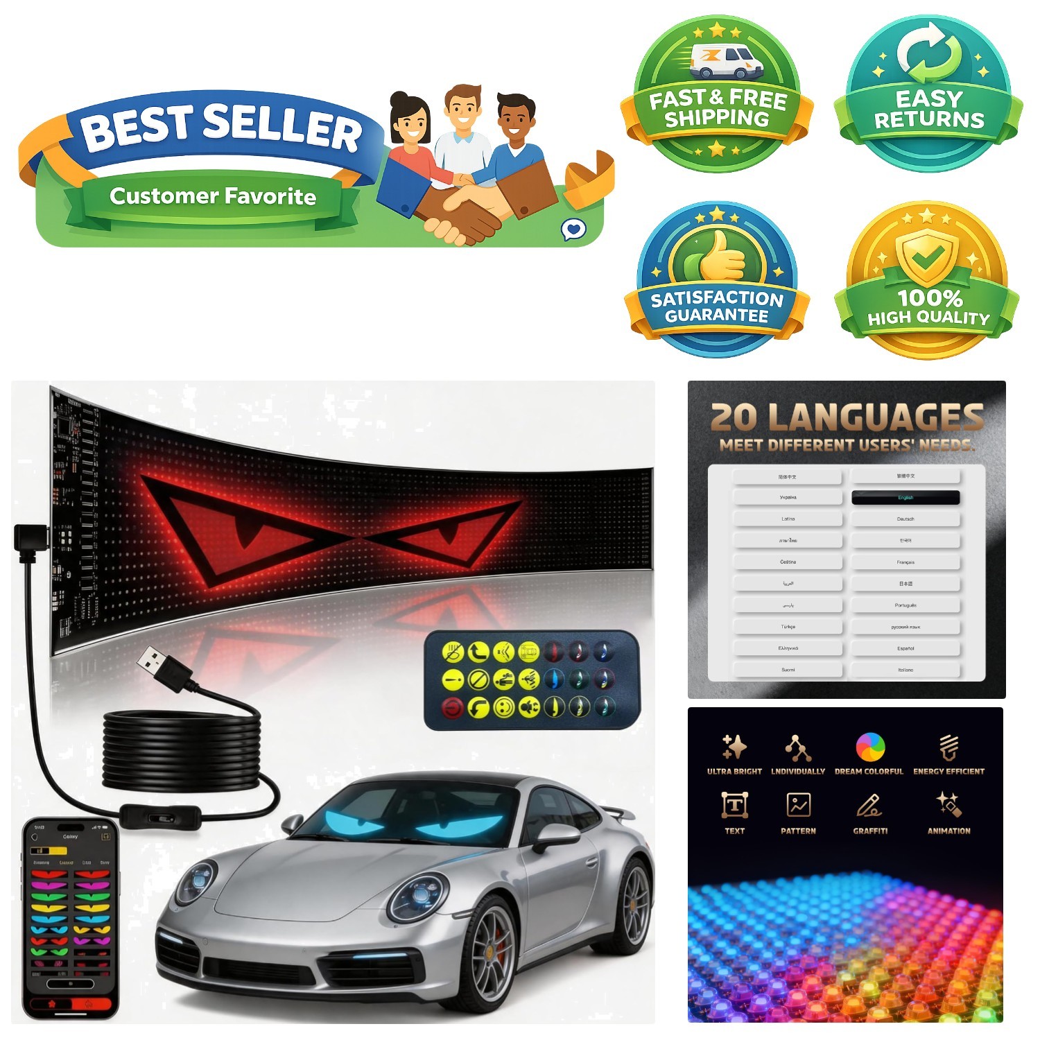 Durable Bluetooth LED Sign for Cars – 196″ Cable & USB Powered Brightness