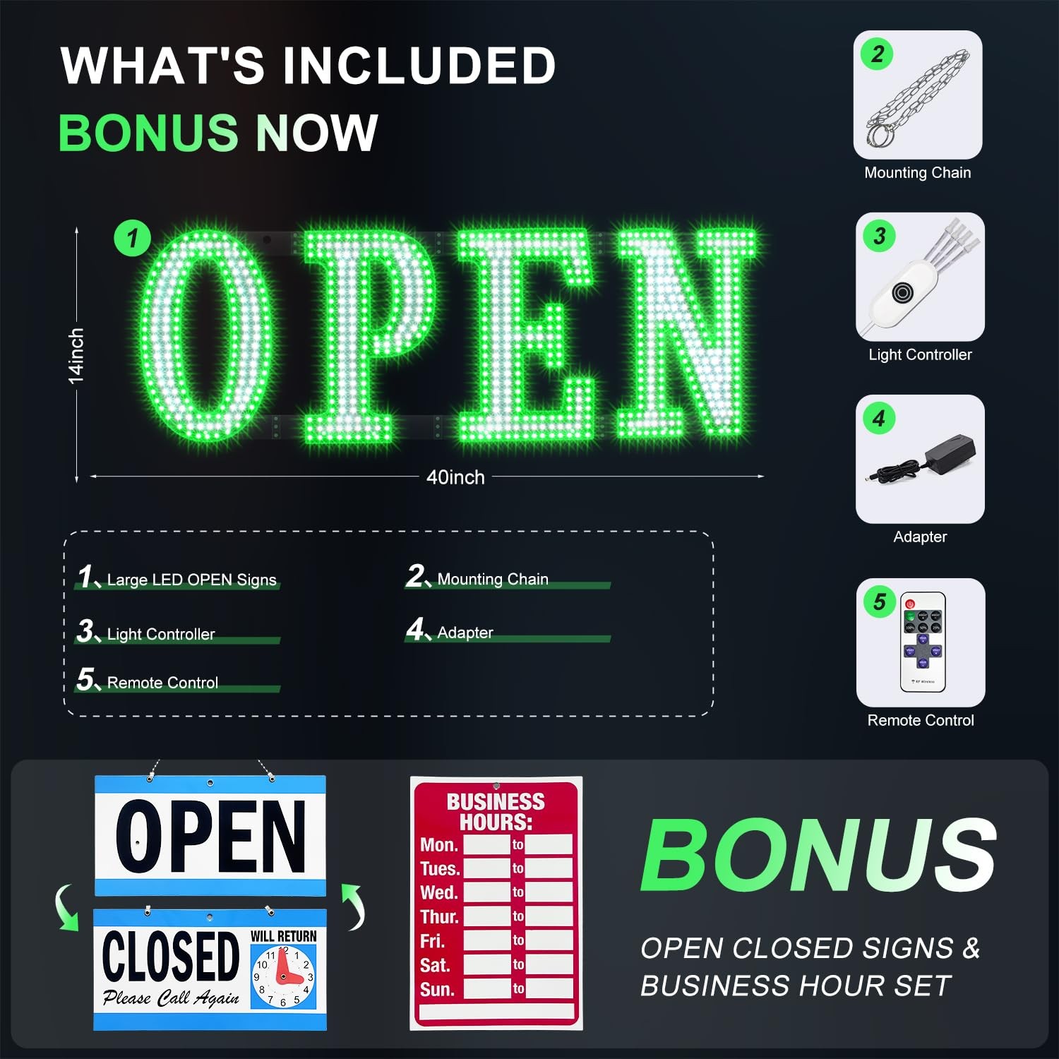 Open Sign for Business 40″ x 14″, Bright LED Open Sign with Remote Control, 1…