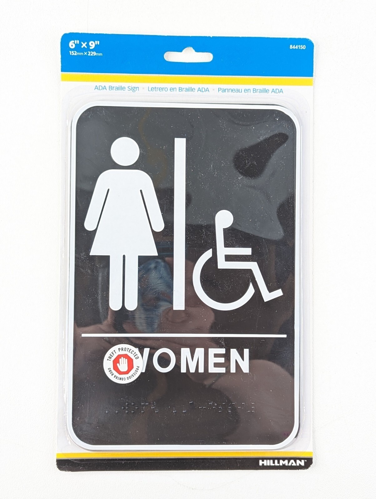 Women’s Restroom Bathroom Door Sign w Braille 6 x 9 ” Black White Self Adhesive