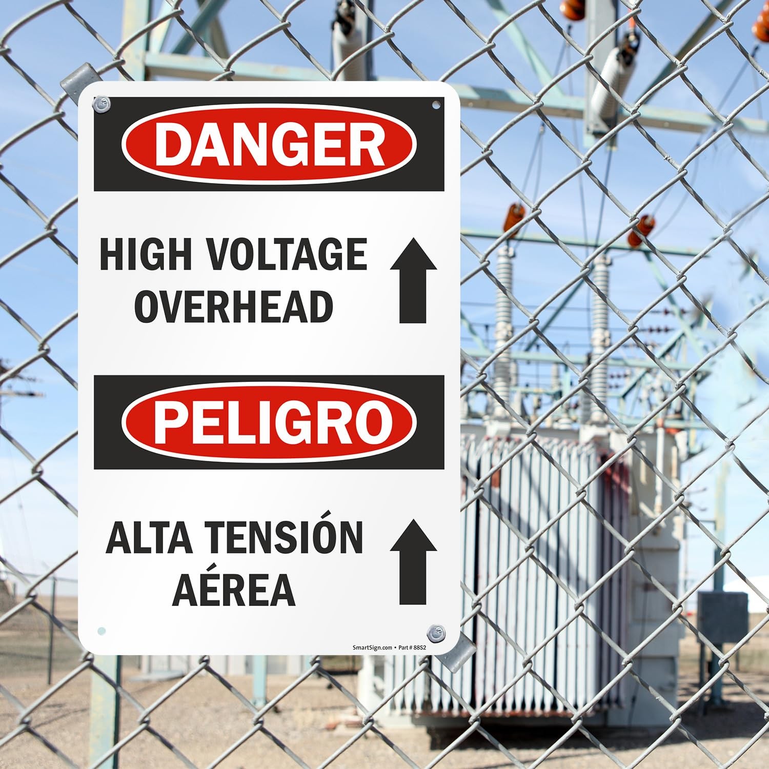 12×18 Inch Danger High Voltage Overhead Bilingual Aluminum Sign Upward Arrow
