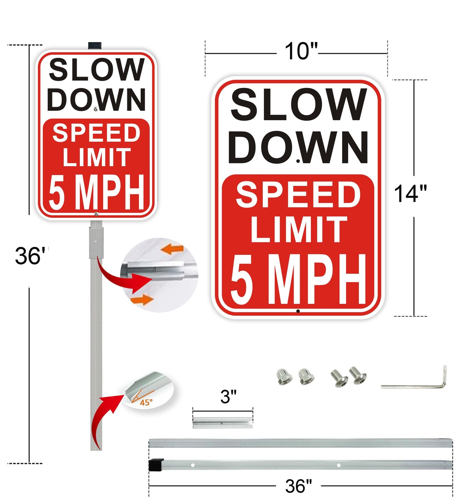 2 PCS 14×10 Inch Speed Limit 5 MPH Slow Down Sign With 36 Inch Stakes Alum