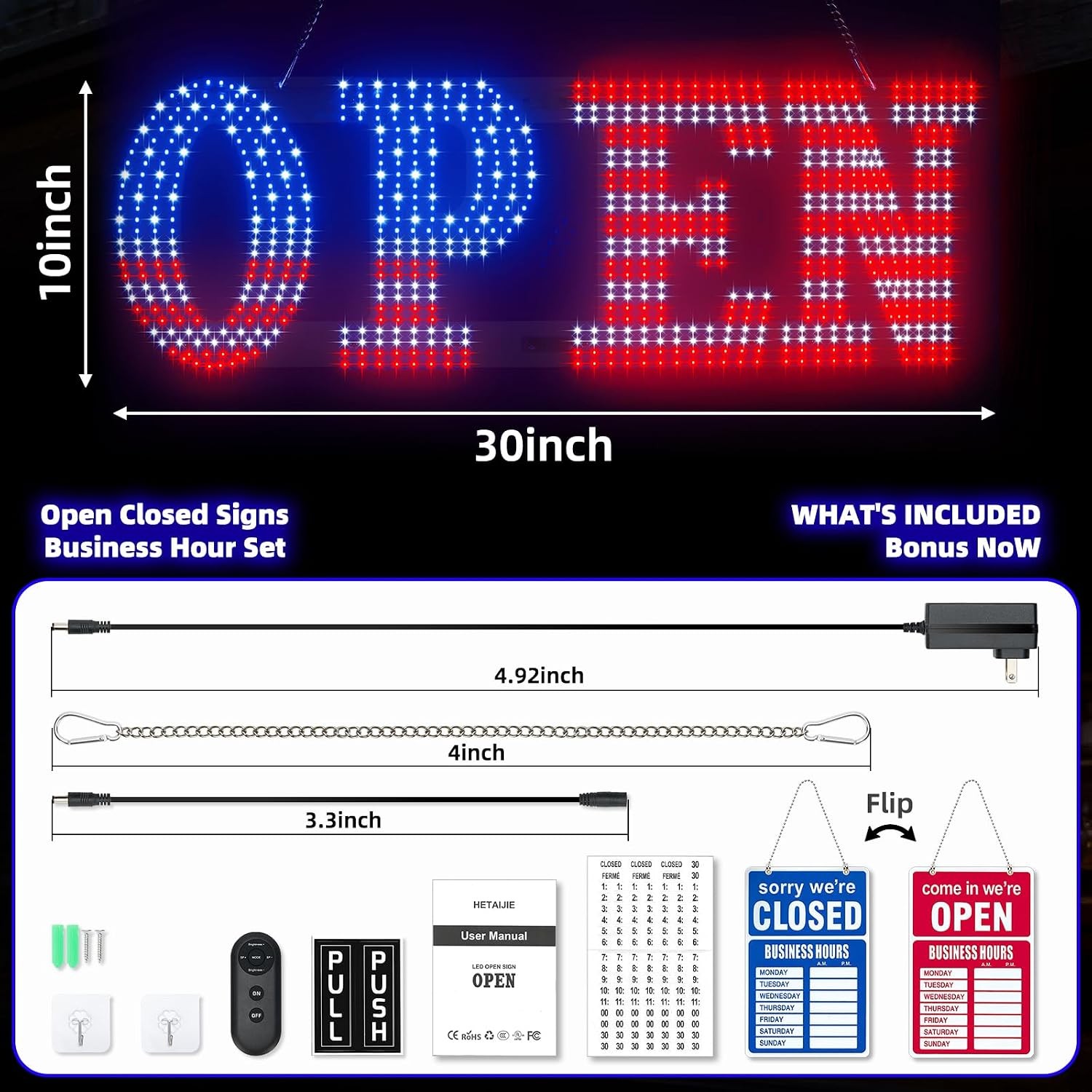 Large 30×10 Inch US Flag LED Open Business Sign Super Bright Hanging Indoor