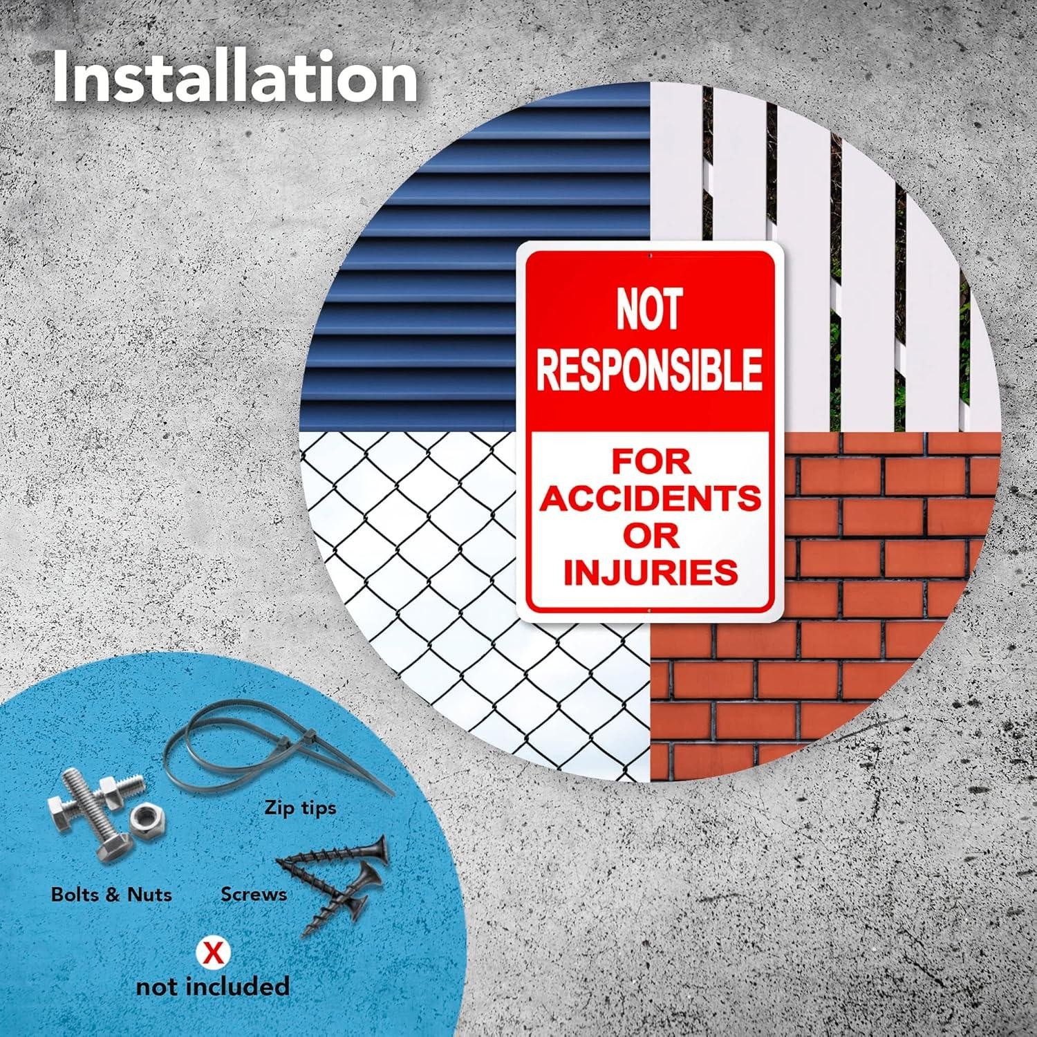2-pack Property Warning Sign: Not Responsible for Accidents or Injuries, 10″ X 7