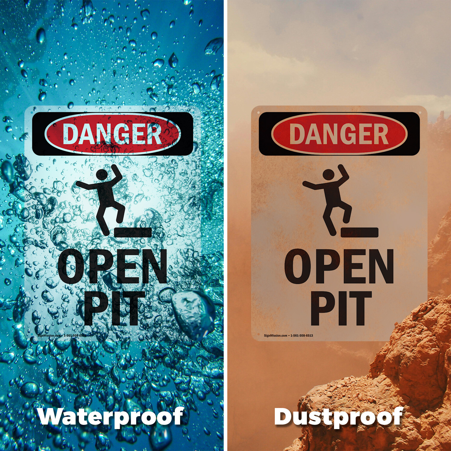 (2 Pack) Open Pit OSHA Danger Sign Decal Metal Plastic