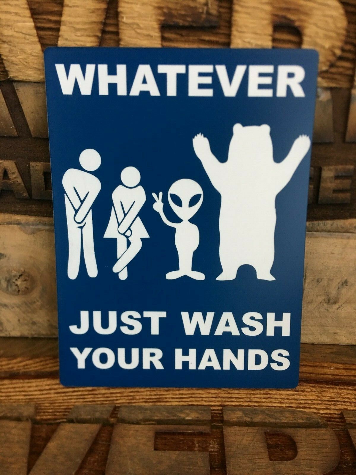 All Genders Bathroom Sign, Aliens & Bears Blue/White, 6″x8″
