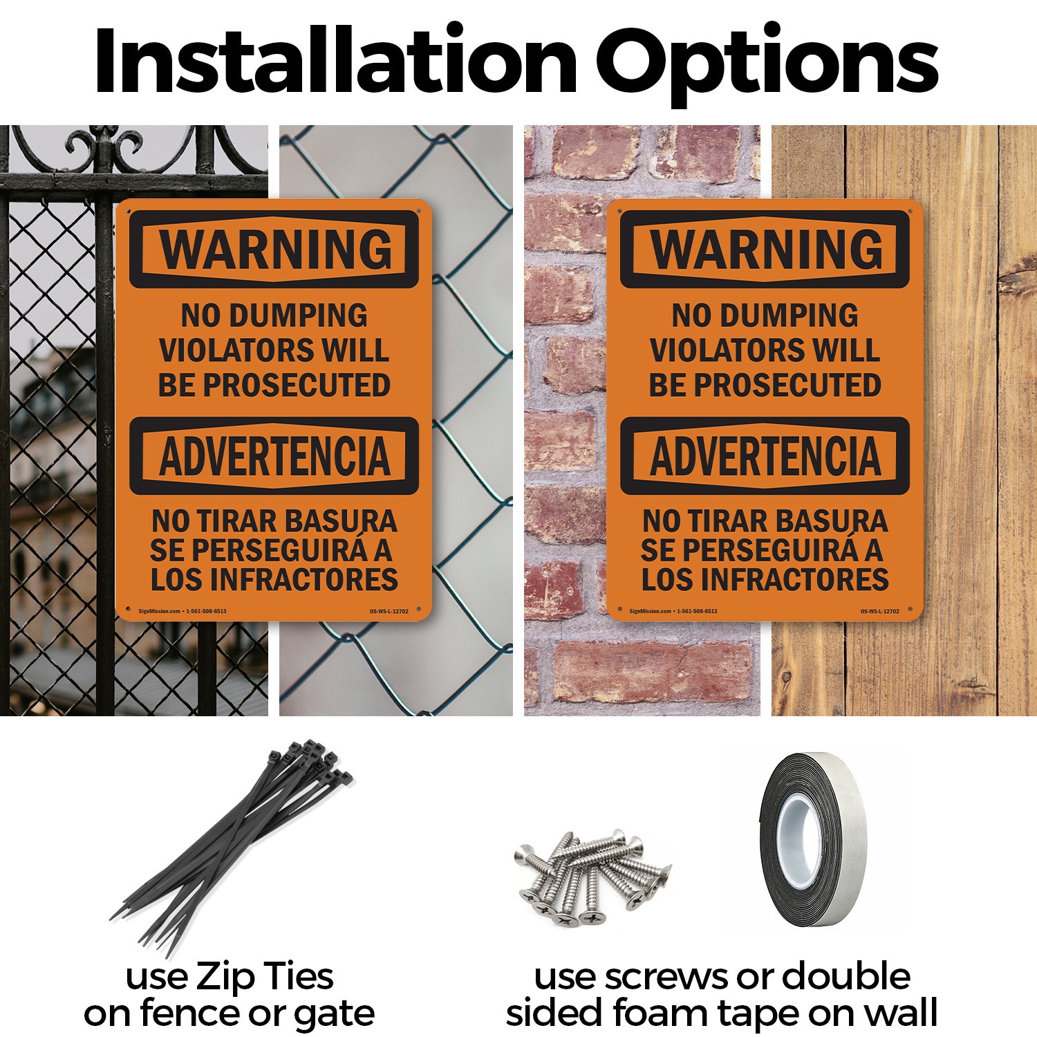 No Dumping Violators Prosecuted Bilingual OSHA WARNING Sign, Decal 5 or 10 Pack