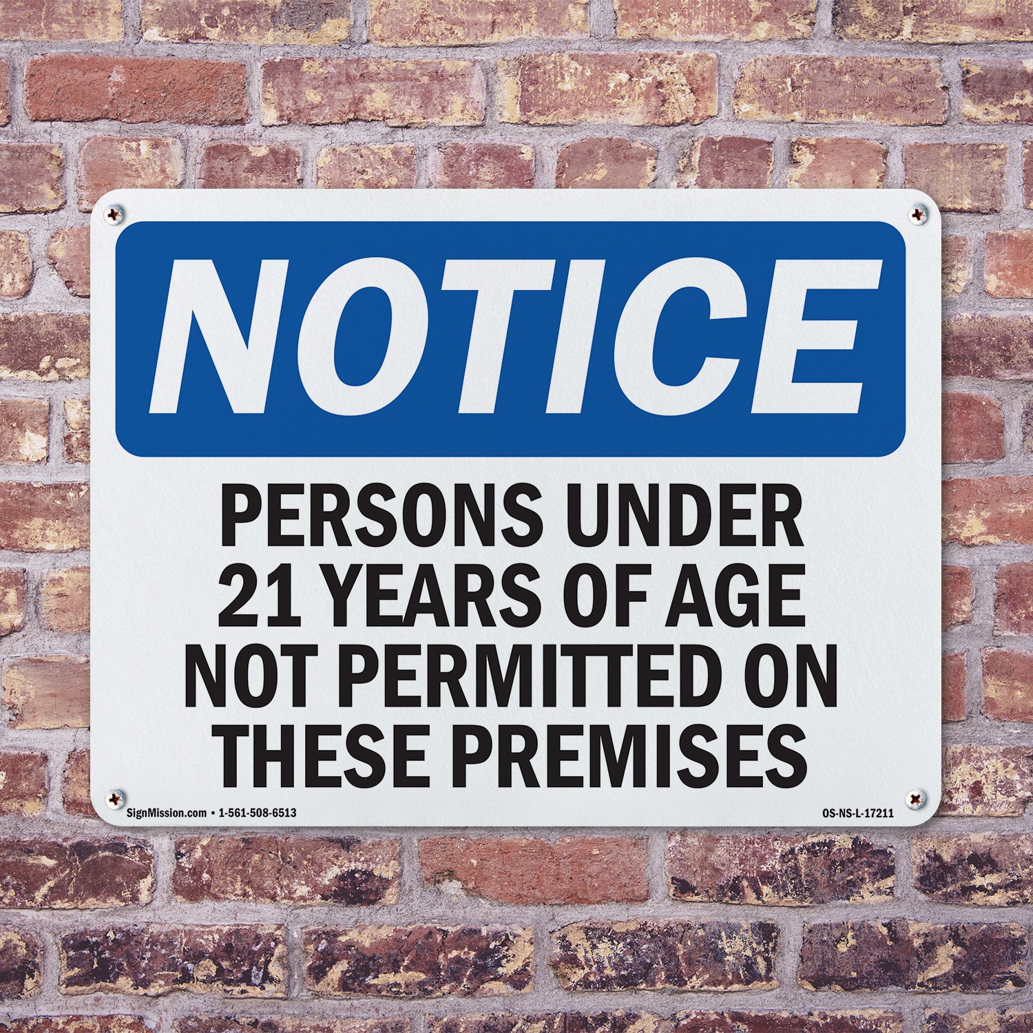 Persons Under 21 Years Of Age Not Permitted OSHA Notice Sign, Decal 5 or 10 Pack