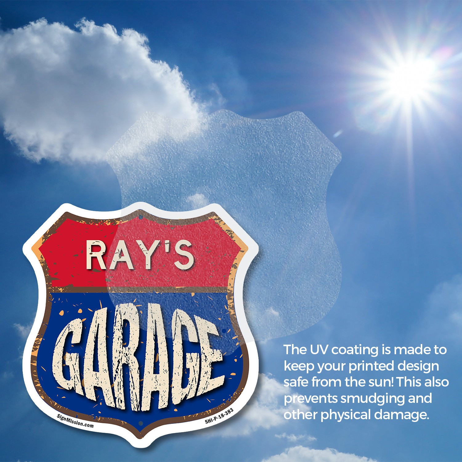 Ray’s Garage Shield Shaped Sign Weather Resistant Crafted in the USA