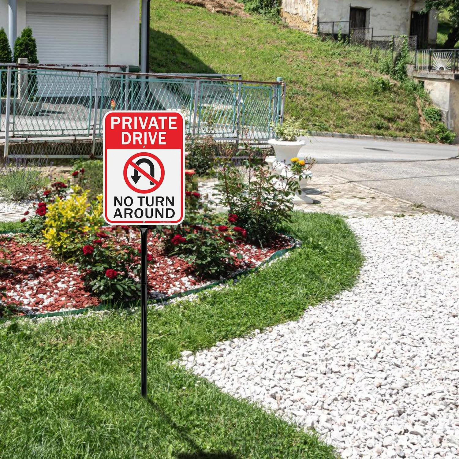GicnKeuz Private Driveway No Turn Around Signs with 36″ Heavy Duty Metal Stakes,