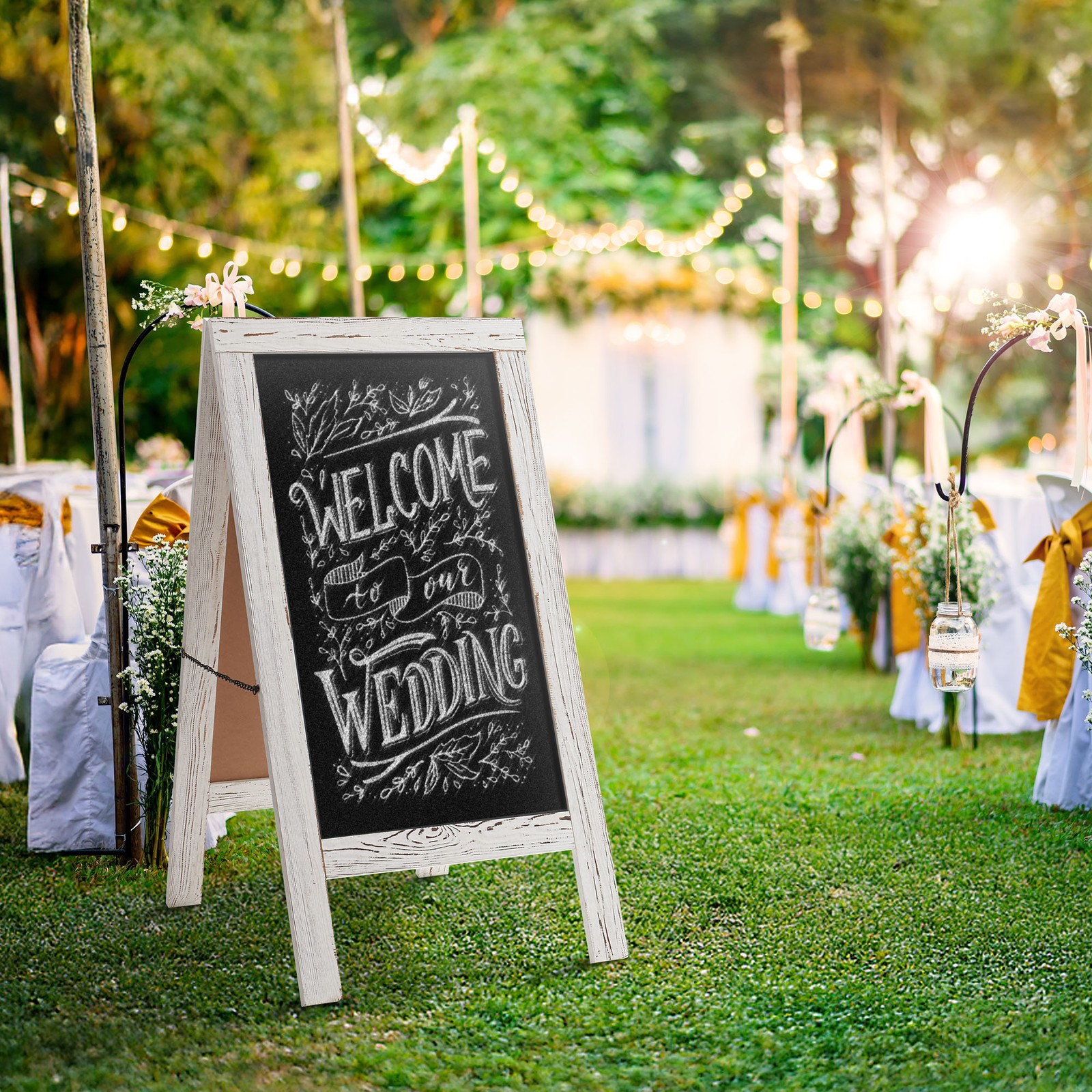 A Frame Chalkboard Sign, 40″x20″ Double-Sided Magnetic Menu Board, Whitewash