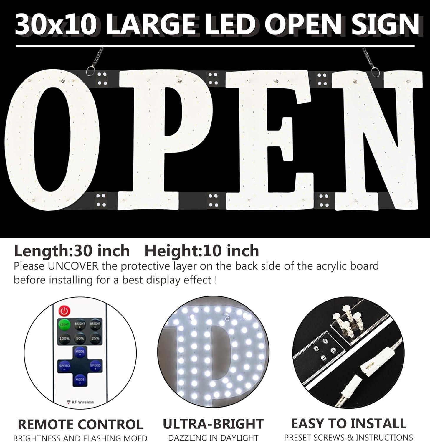 Ultra Bright LED Open Sign 30×10 with Remote for Cafe, Salon, Retail Store