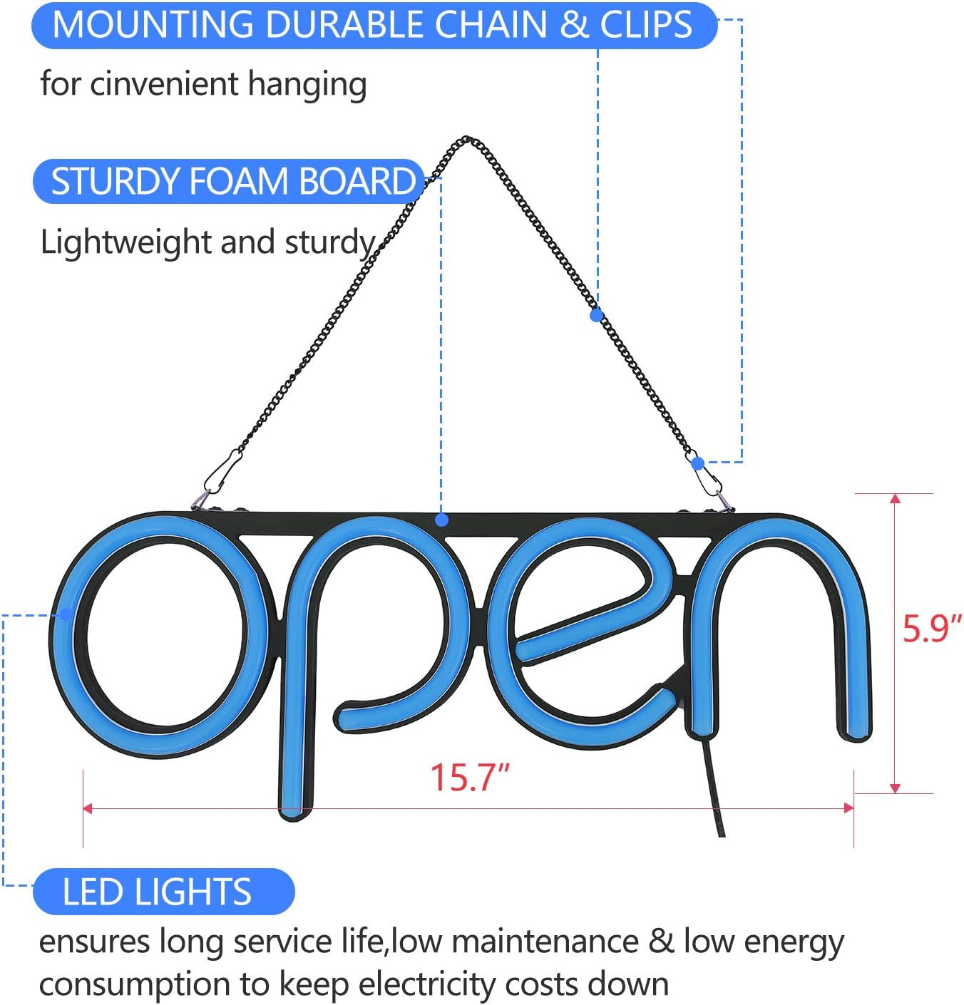 LED Open Sign,16X6 Inch Open Sign for Business,With Multiple Flashing Modes, Ide