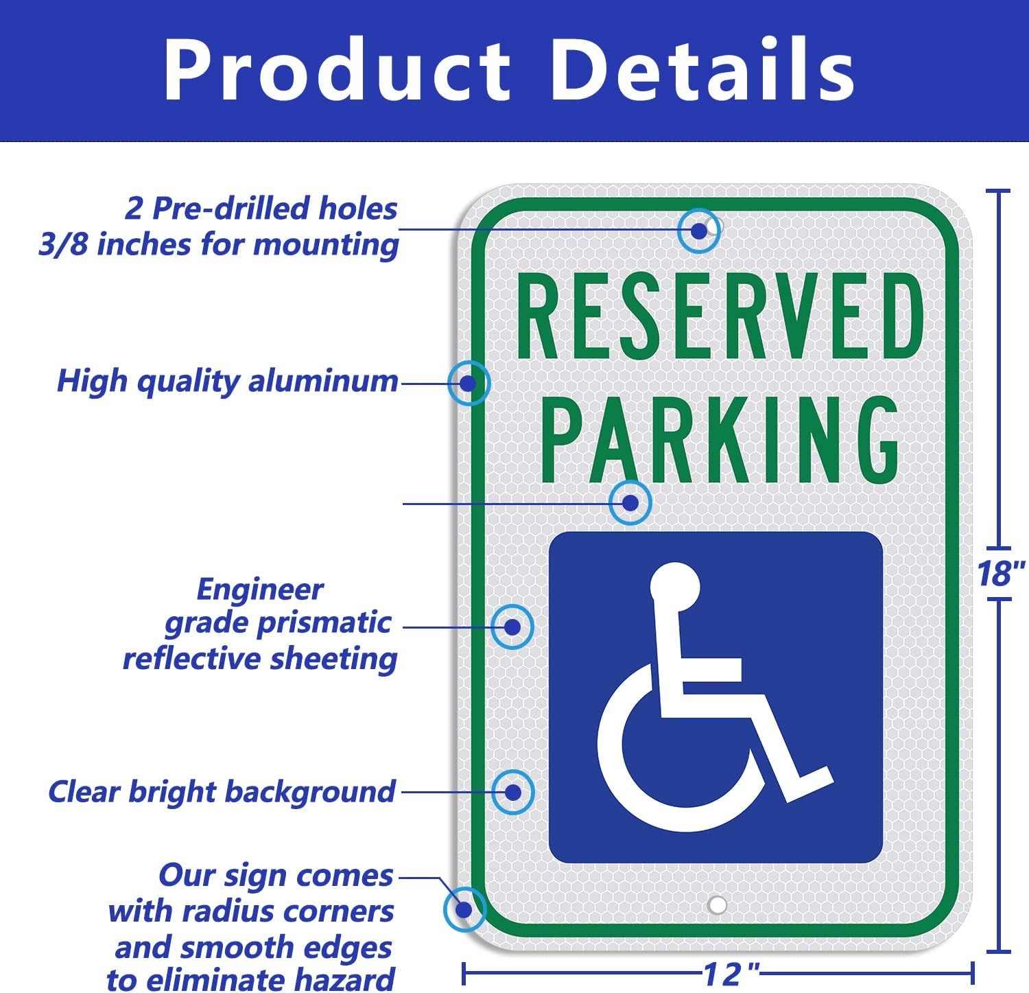 Handicap Parking Sign-18 x 12 inch Aluminum 12×18 inches, Reflective-Blue
