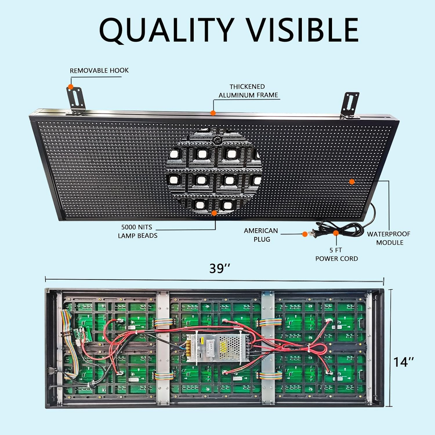 39×14″ Full Color LED Scrolling Message Sign WiFi App Control Waterproof Display