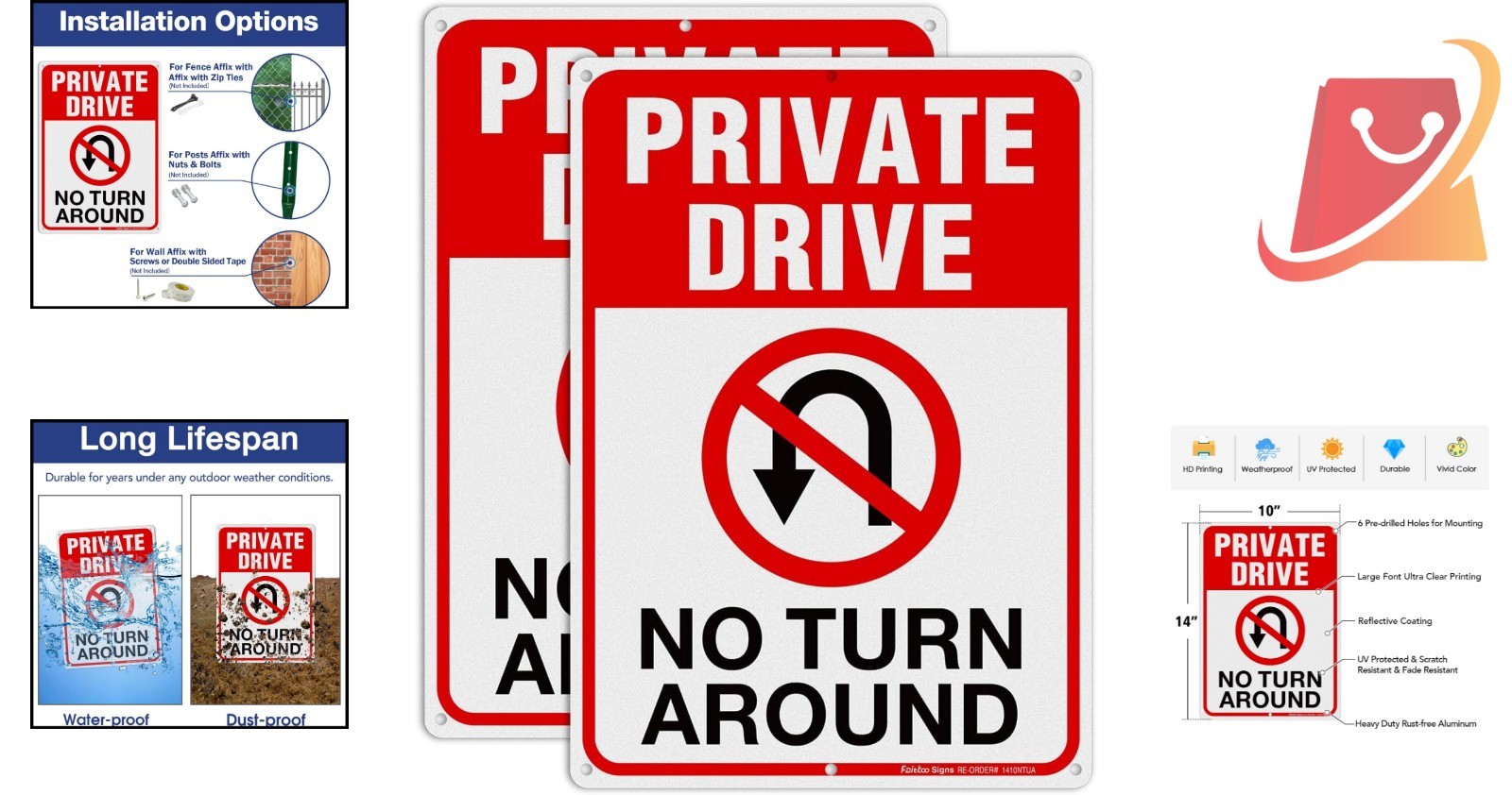 Driveway Sign No Turn Around Reflective Aluminum Outdoor Indoor 14×10 In 2 Pack