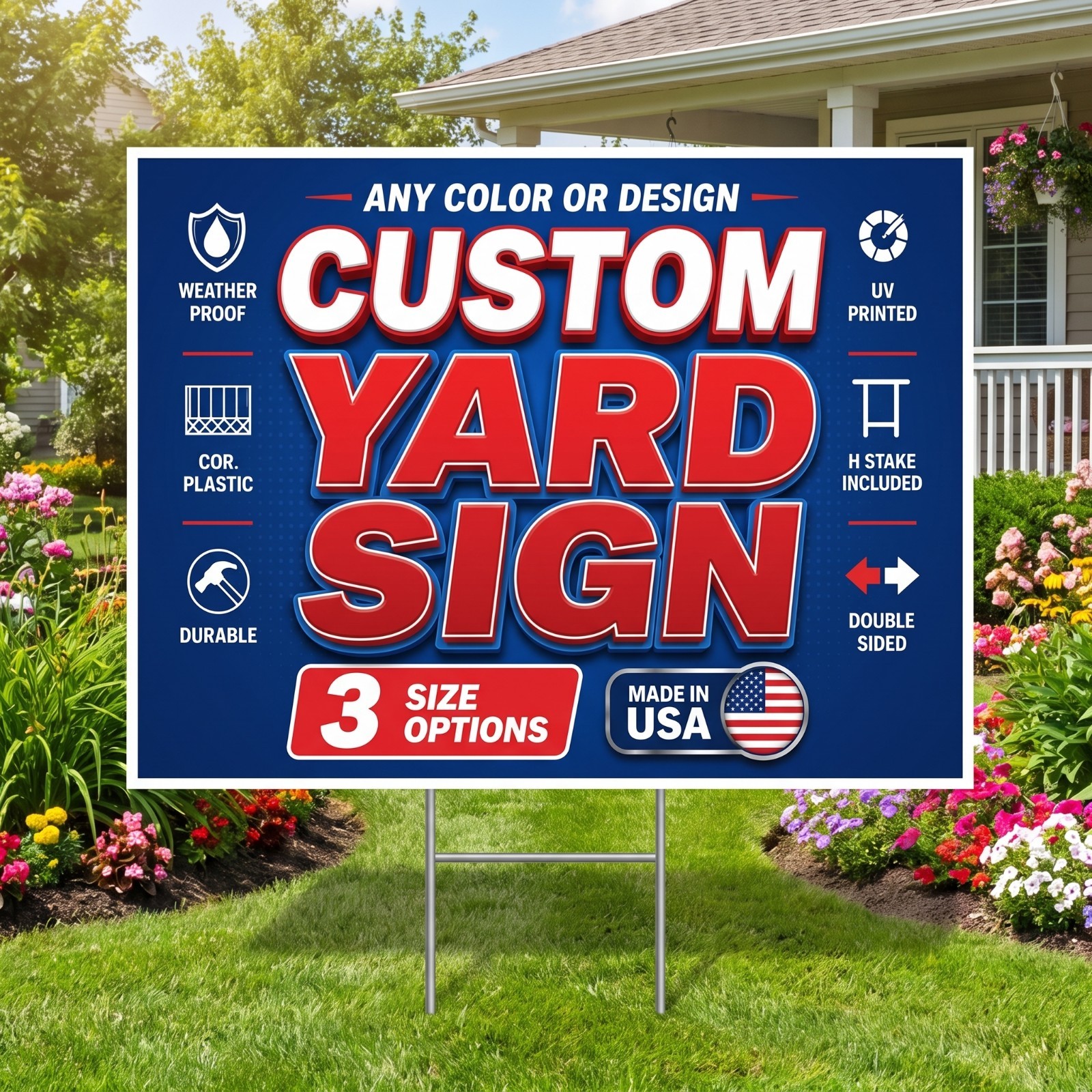 Custom Yard Sign 12×18, 18×24, 24×36 Coroplast Lawn Sign H-Stake Included