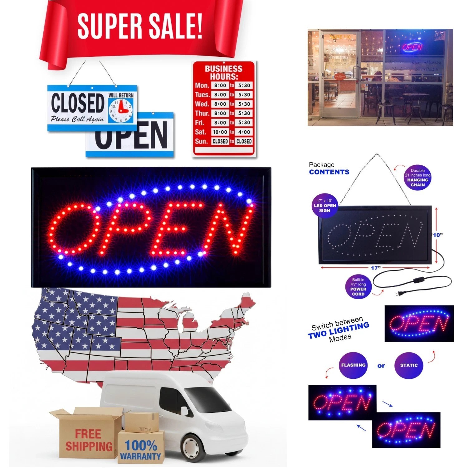 Business Essentials: Neon Open Sign with Customizable Hours – Easy to Install