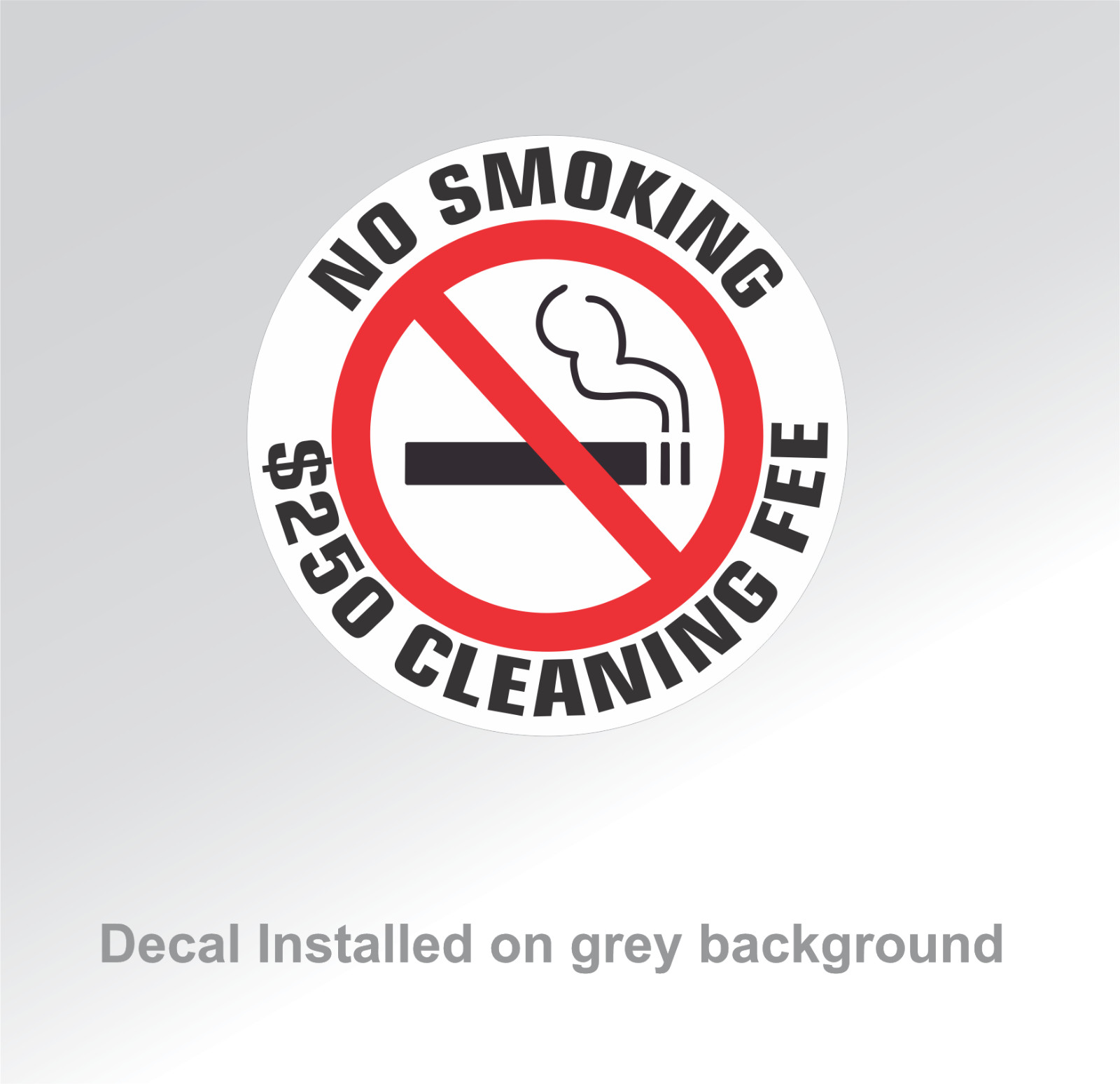 20 – NO SMOKING $250 CLEANING FEE sticker | white | 1.5″ dia | outdoor durable