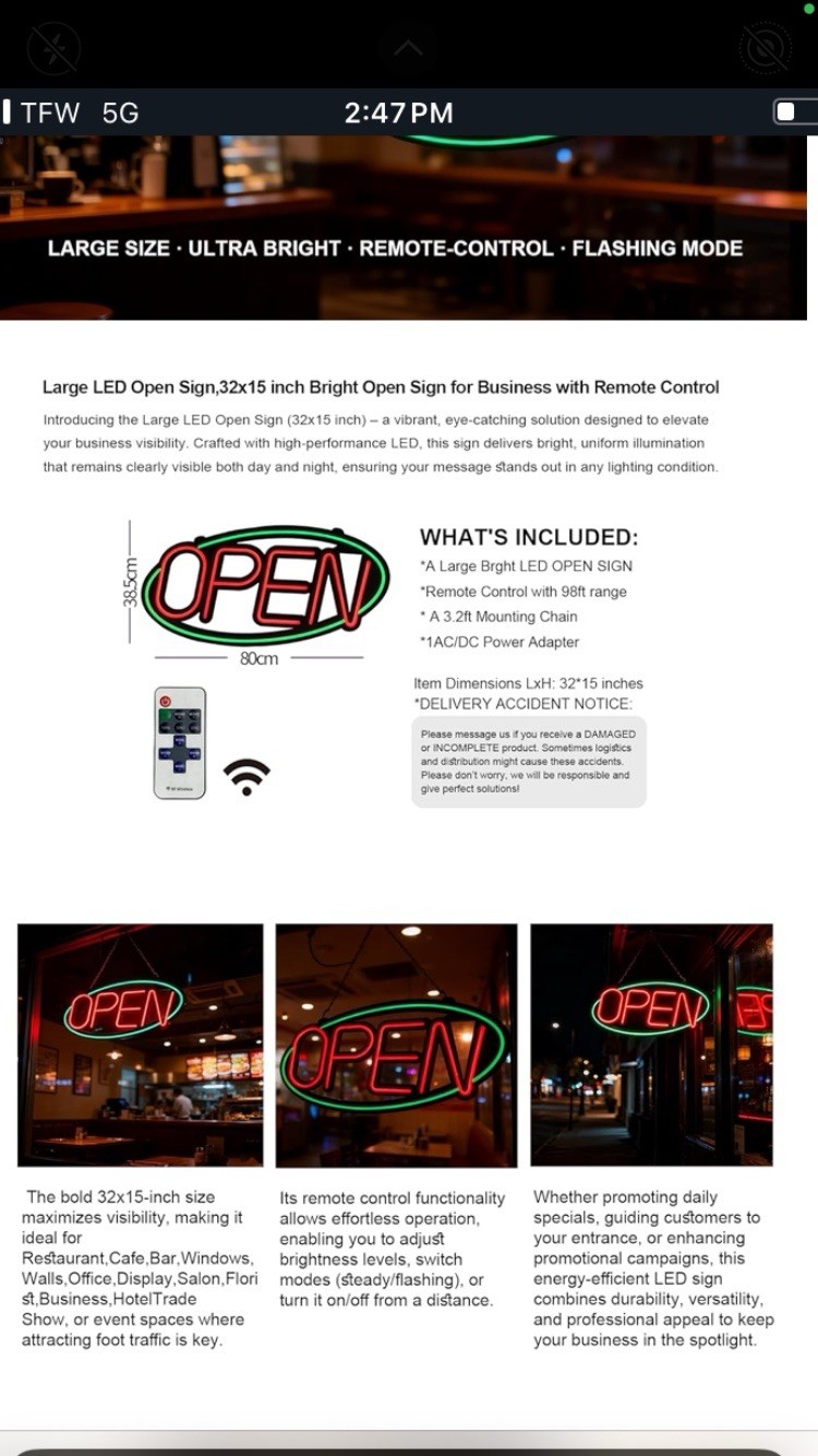 32” X 15” ASBAVA Super Bright LED Open Sign For Business Remote Controlled Blu