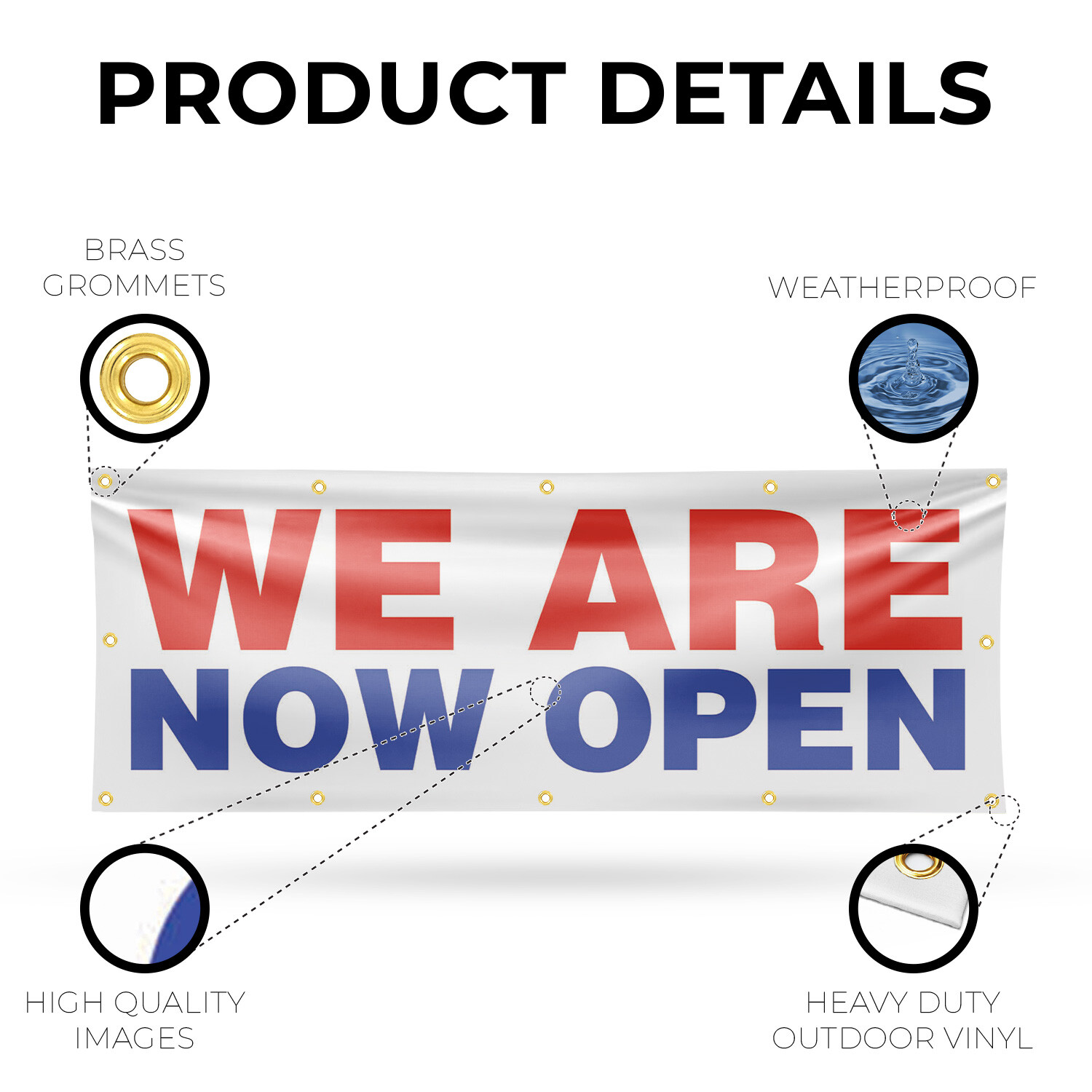 We Are Now Open Vinyl Banner Sign with Metal Grommets Heavy-Duty Single-Sided