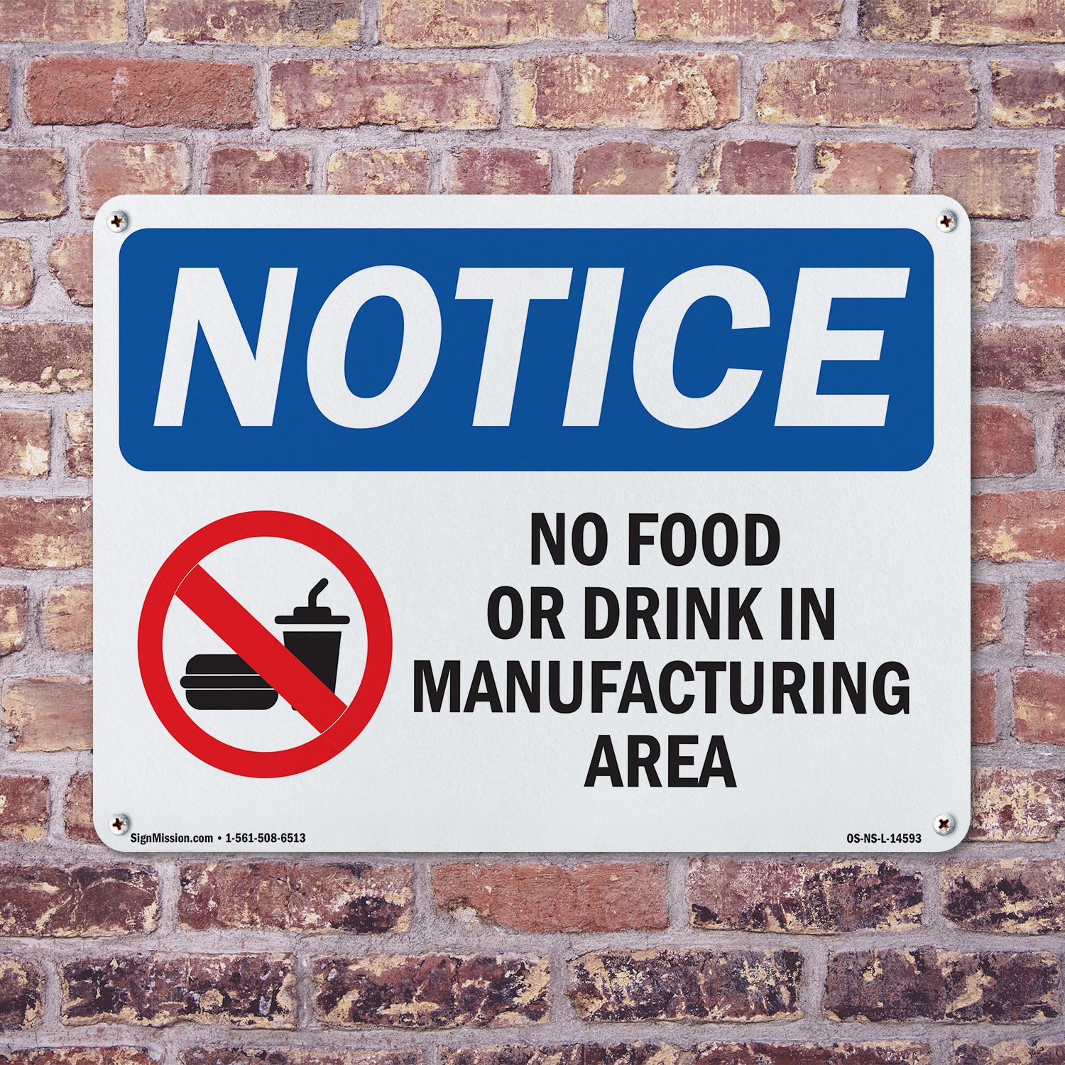 No Food Or Drink In Manufacturing Area OSHA Notice Sign Or Decal – 5 or 10 Pack