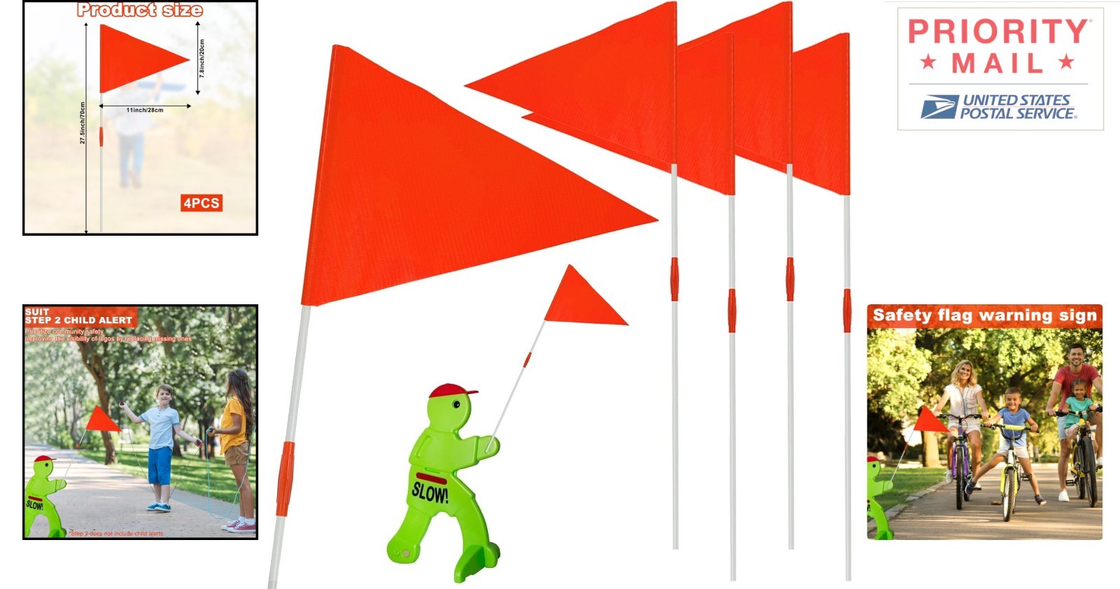 Warning Flags for Kids Play Safety 4 Pack with Replacement Poles Orange Color