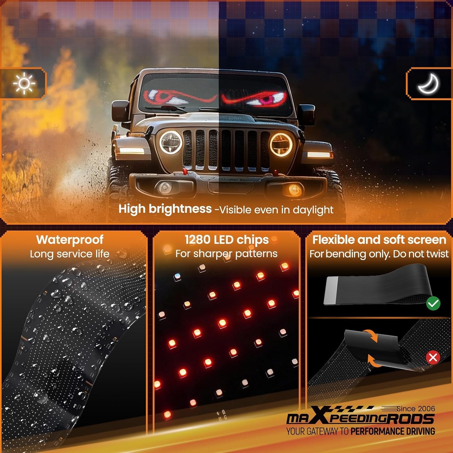 Flexible LED Display for Cars – 14″x4″ Waterproof RGB Sign with Remote Control