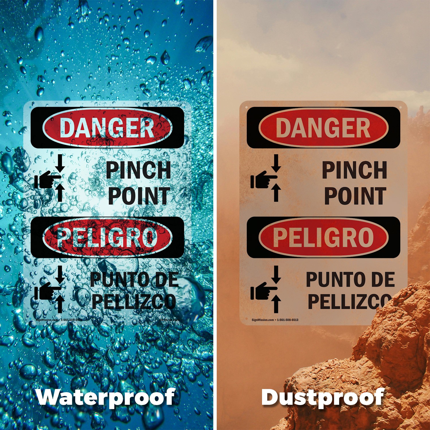 Pinch Point Bilingual OSHA Danger Sign Metal, Plastic, Or Decal – 5 or 10 Pack