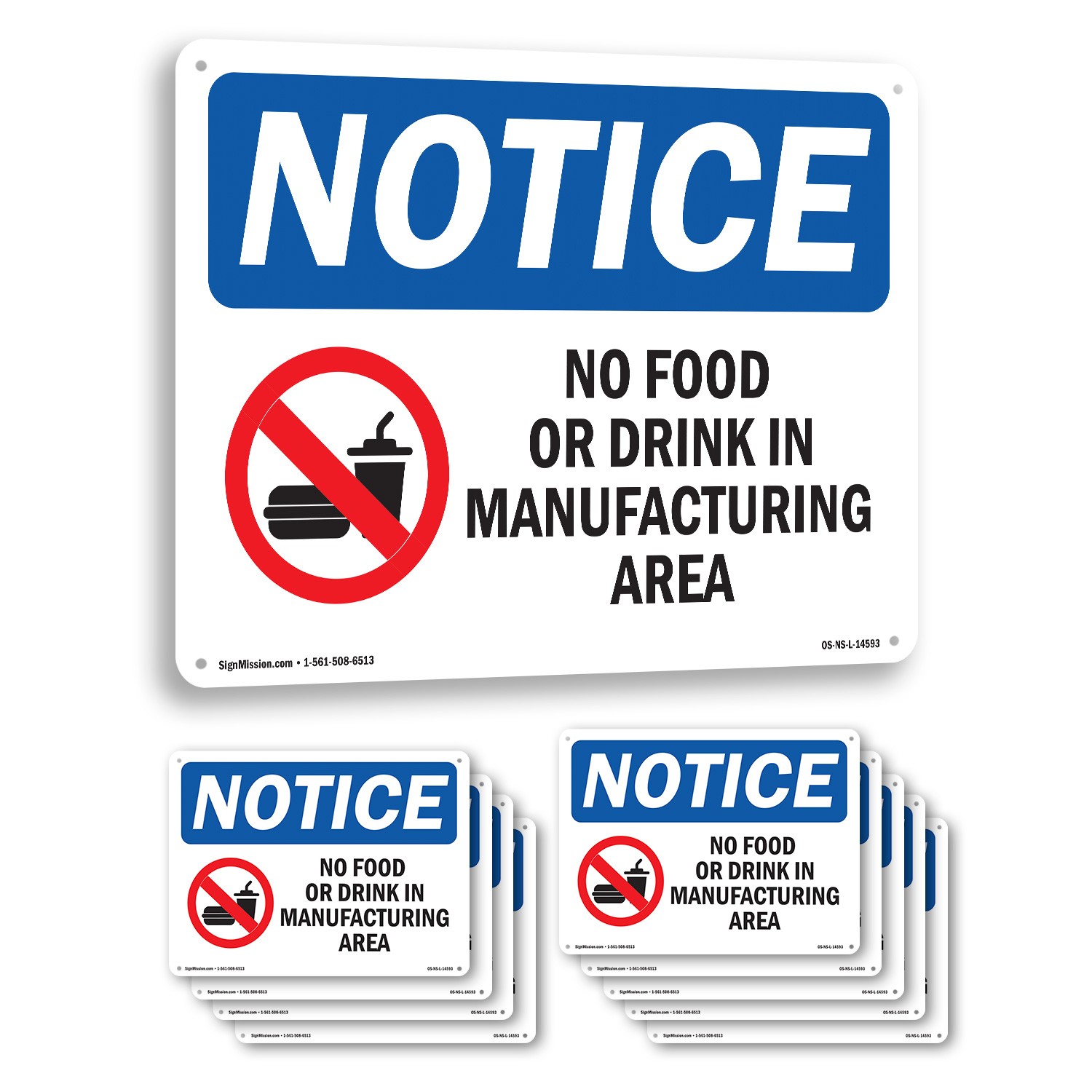 No Food Or Drink In Manufacturing Area OSHA Notice Sign Or Decal – 5 or 10 Pack