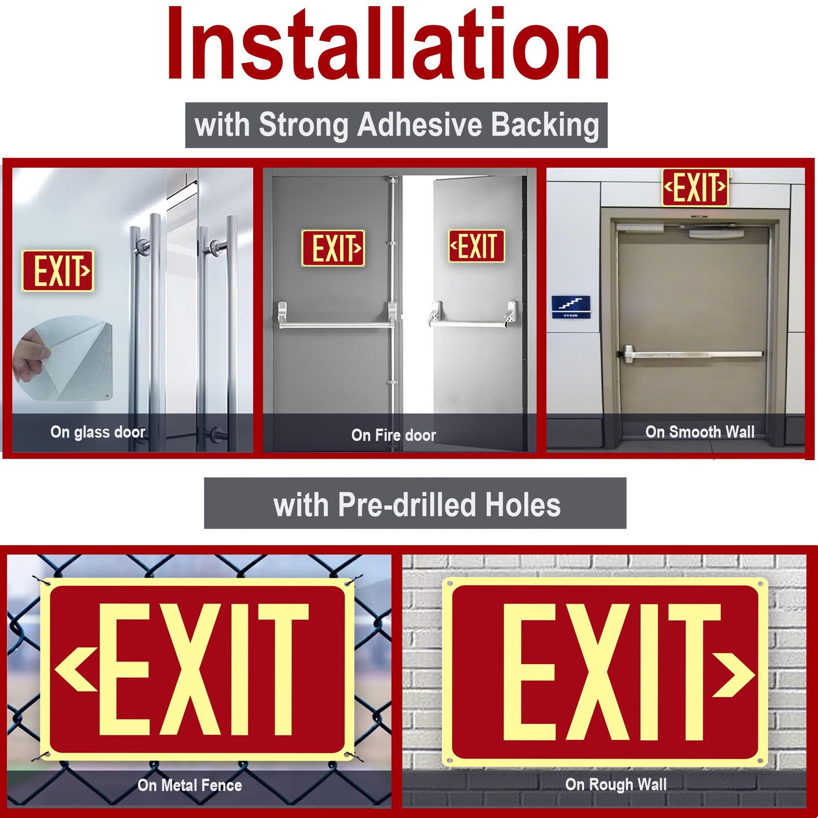 4Pack Photoluminescent Exit Sign Red, 14″x 10″ Aluminum Glow In The Dark Exit…