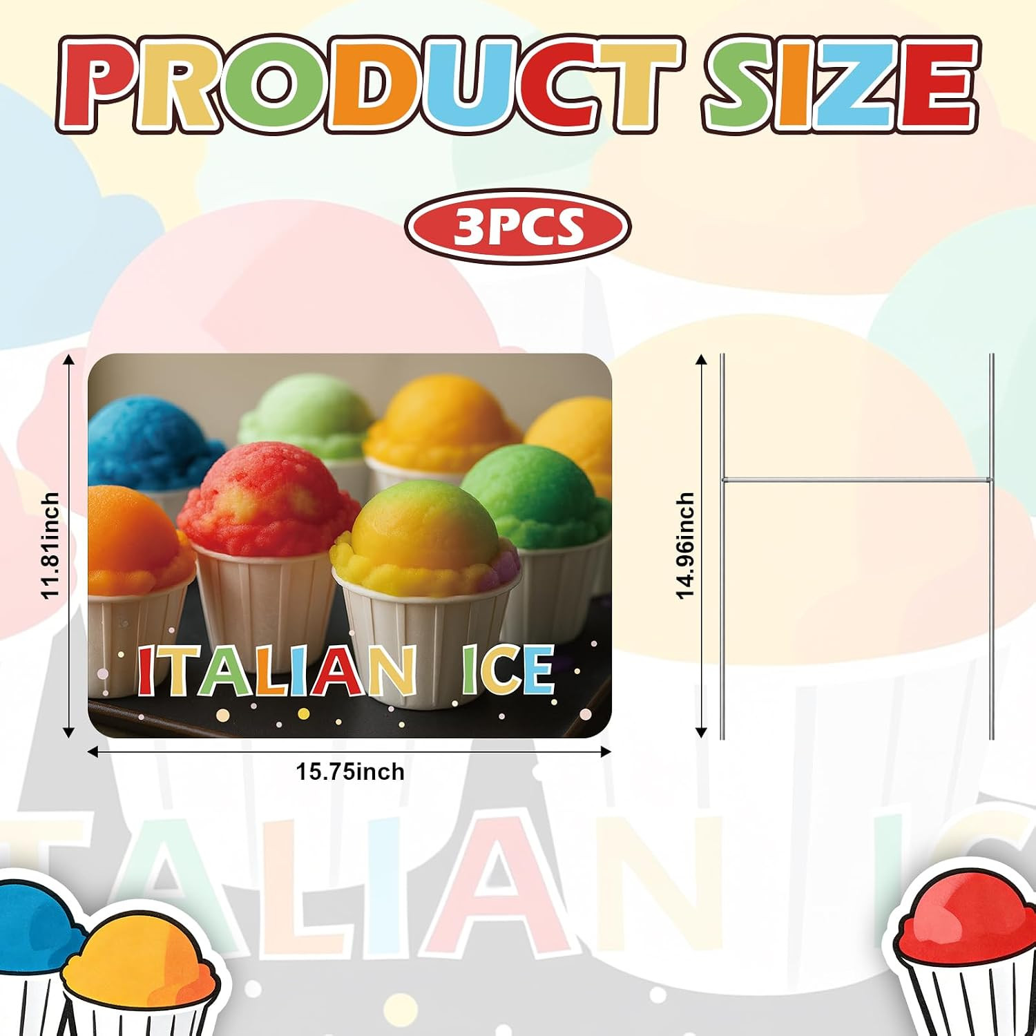 3 Pack Italian Ice Yard Sign Weatherproof Double-Sided Yard Sign 11.81”X15.75”