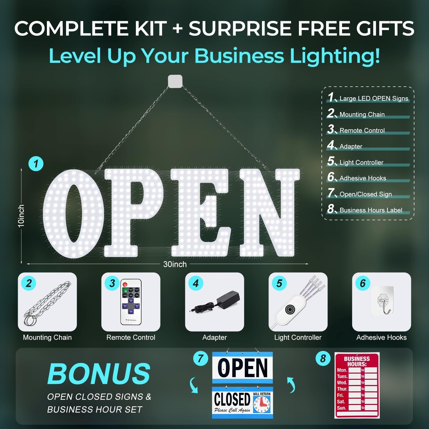 Large LED Open Sign for Business – 30″x10″ Bright Flashing Remote Control, 14 Mo