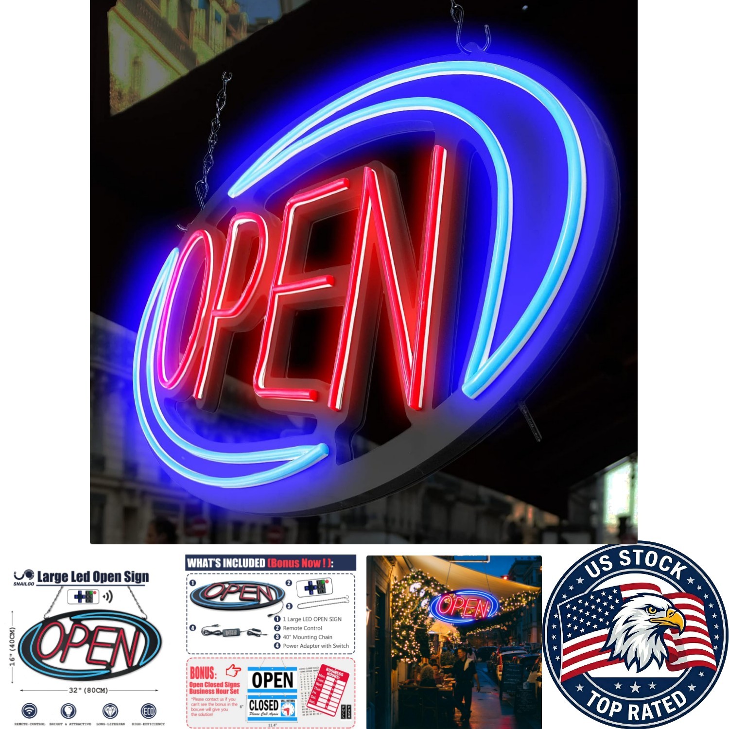 Vibrant Blue & Red 32×16 Open Neon Sign with Remote – Perfect for Storefronts