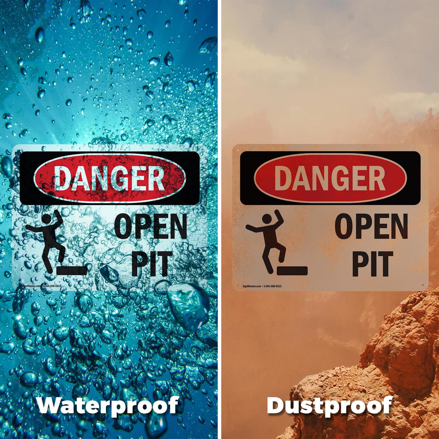 (2 Pack) Open Pit OSHA Danger Sign Decal Metal Plastic