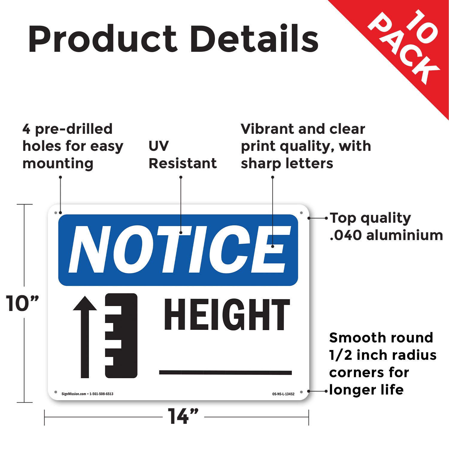 Height ____ OSHA Notice Sign Metal, Plastic, Or Decal – 5 or 10 Pack