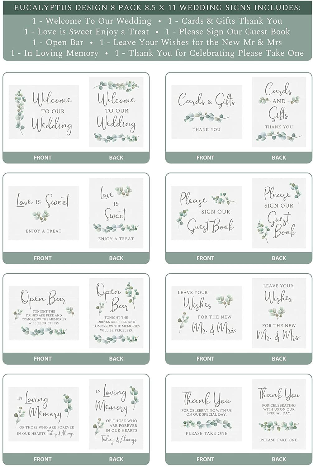 Eucalyptus Designed Wedding Signs (Double Sided) (4 or 8 Pack)