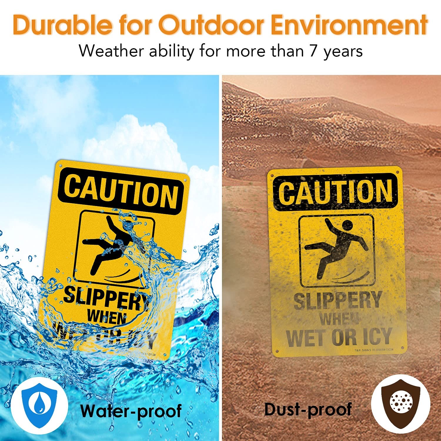 2 Pack Slippery When Wet Or ICY Sign, Caution Sign, 10″ x 7″ Rust Free, UV Prote
