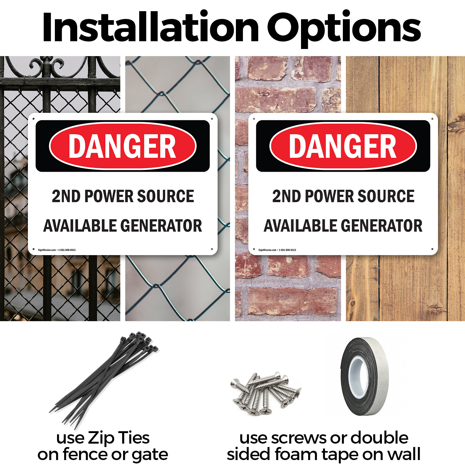 (2 Pack) 2nd Power Source Available Generator OSHA Danger Sign Decal Metal