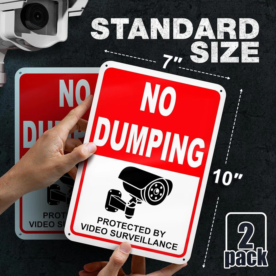 2 PC No Dumping Signs, Reflective 7 x 10 Aluminum No Littering Signs with Video