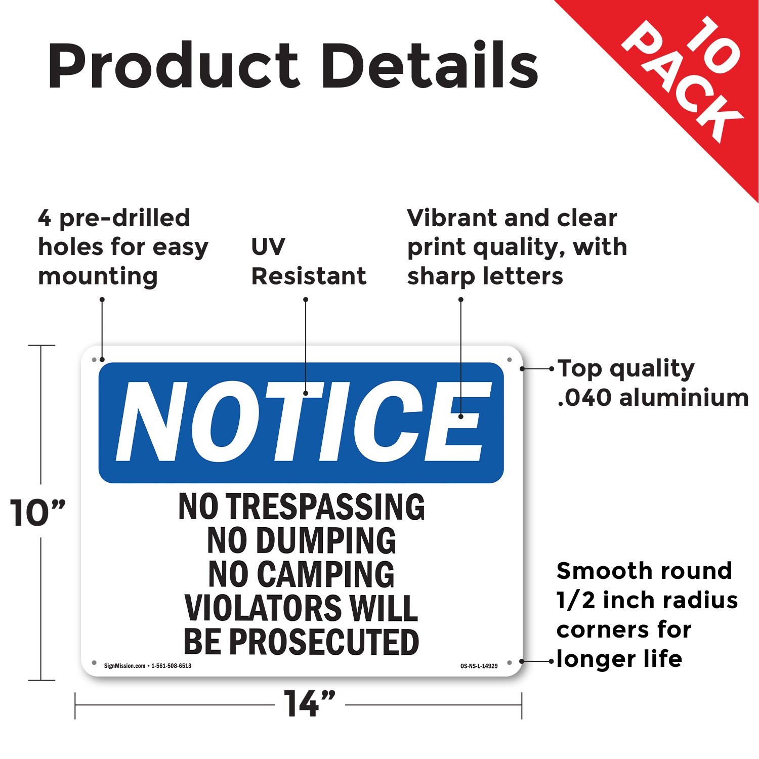 No Trespassing No Dumping No Camping Violators OSHA Notice Sign – 5 or 10 Pack