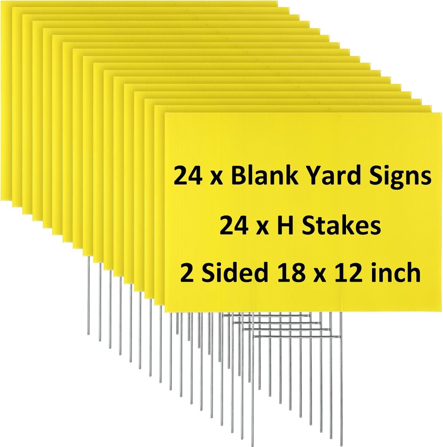 24 Blank Yard Signs with H Stakes – 12×18″ Waterproof Custom Plastic – Yellow