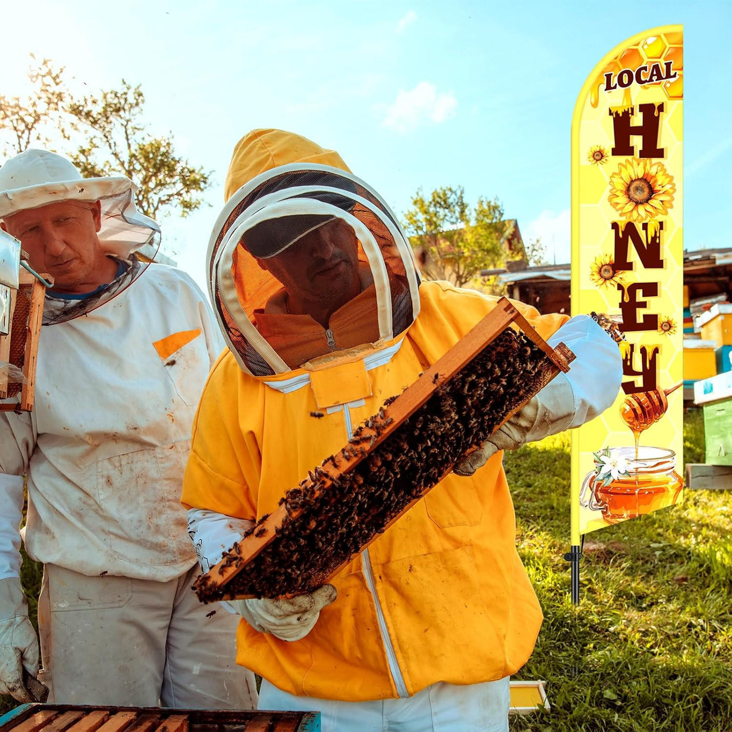 2 Pcs Local Honey Advertising Feather Banner with Flag Pole Kit 12 ft Feather Ba