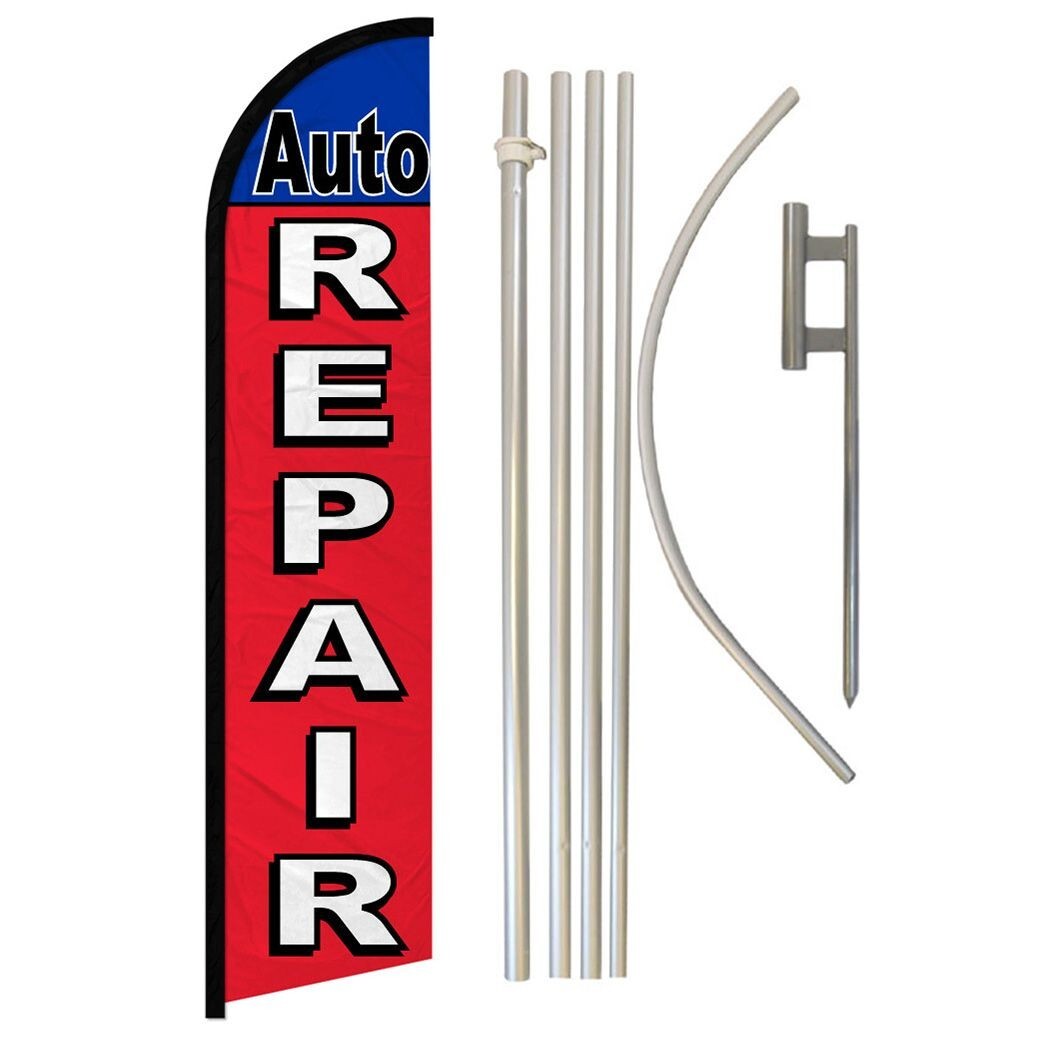 Auto Repair Windless Full Curve Advertising Auto Banner Flag & Pole Kit (RD/BL)