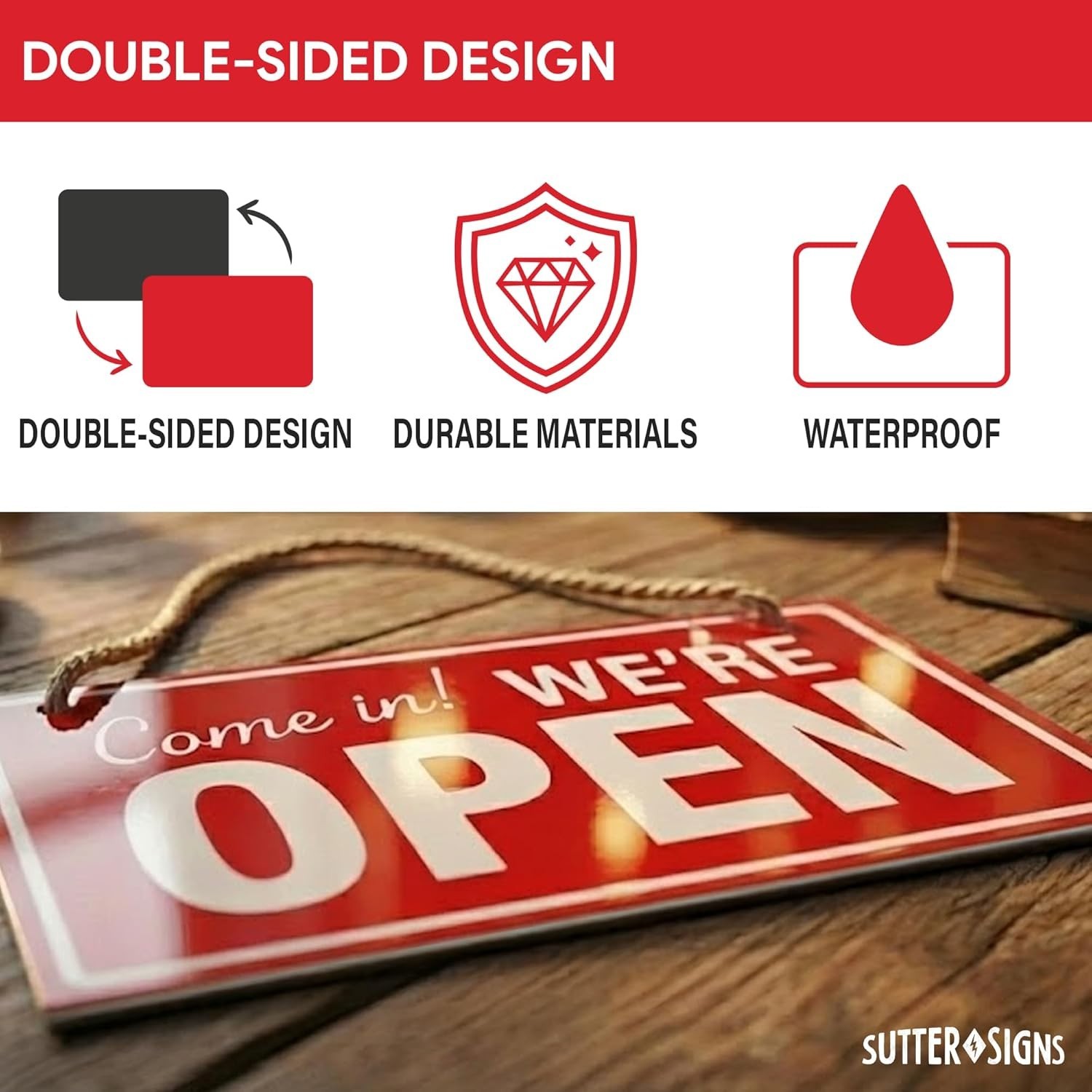 Open Closed Sign for Business, 10″ X 6″ Double Sided Plastic Sign with Twine, Su