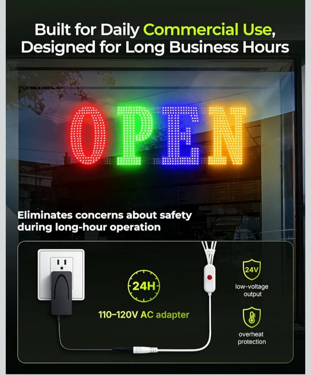 Multi-Color OPEN Sign, 40″ x 14″, Adjustable Brightness & Flash Speed, Remote