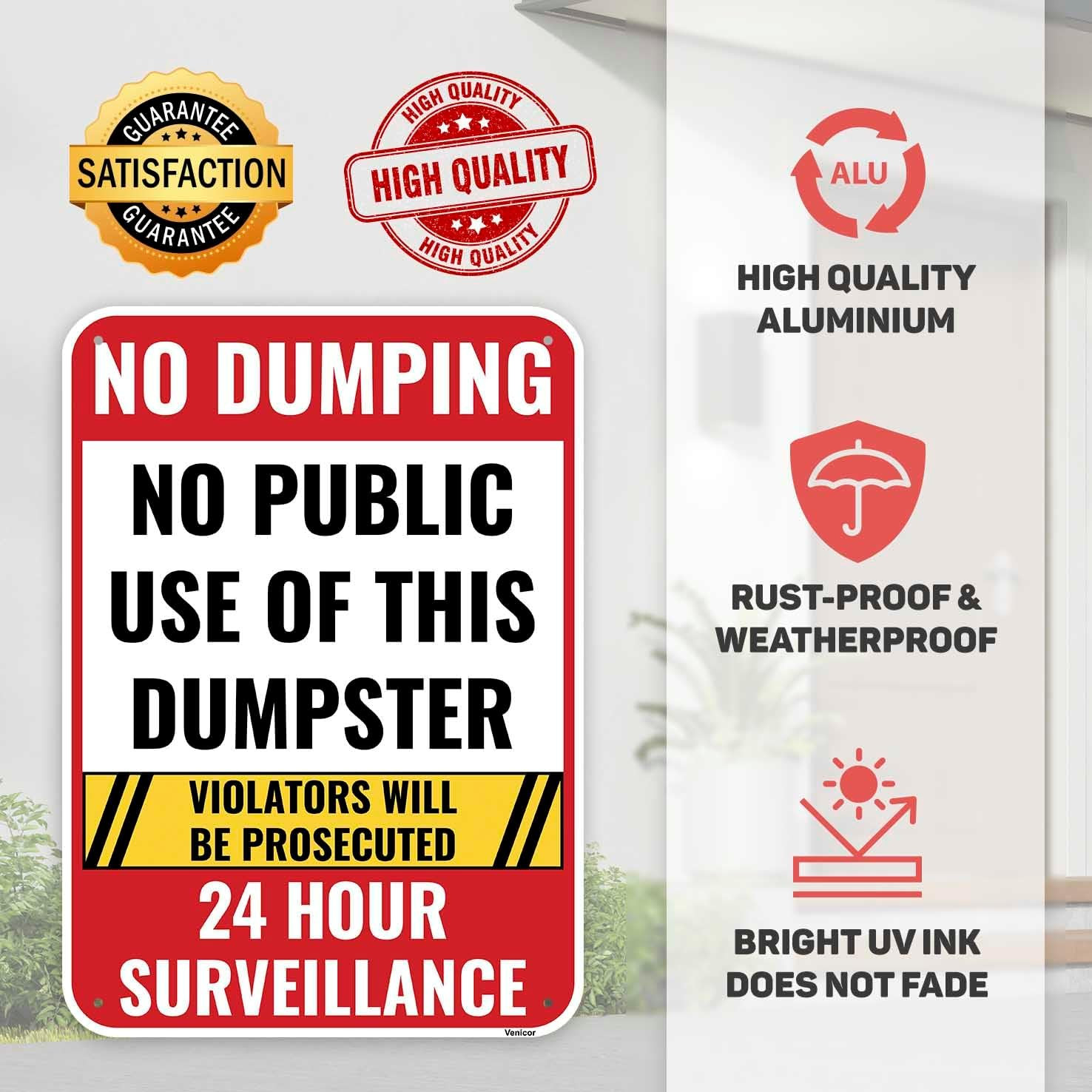1PC No Dumping Private Dumpster Sign, 14 X 10 Inches – Aluminum – Video Surveill
