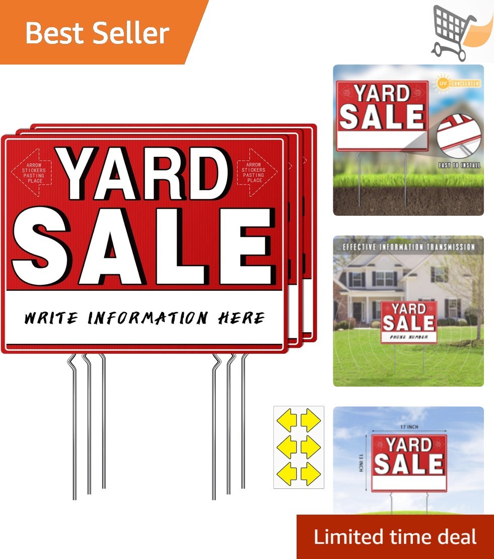 Yard Sale Signs 3 Pack Weatherproof Plastic 17×13 Inches with Stakes and Arrows