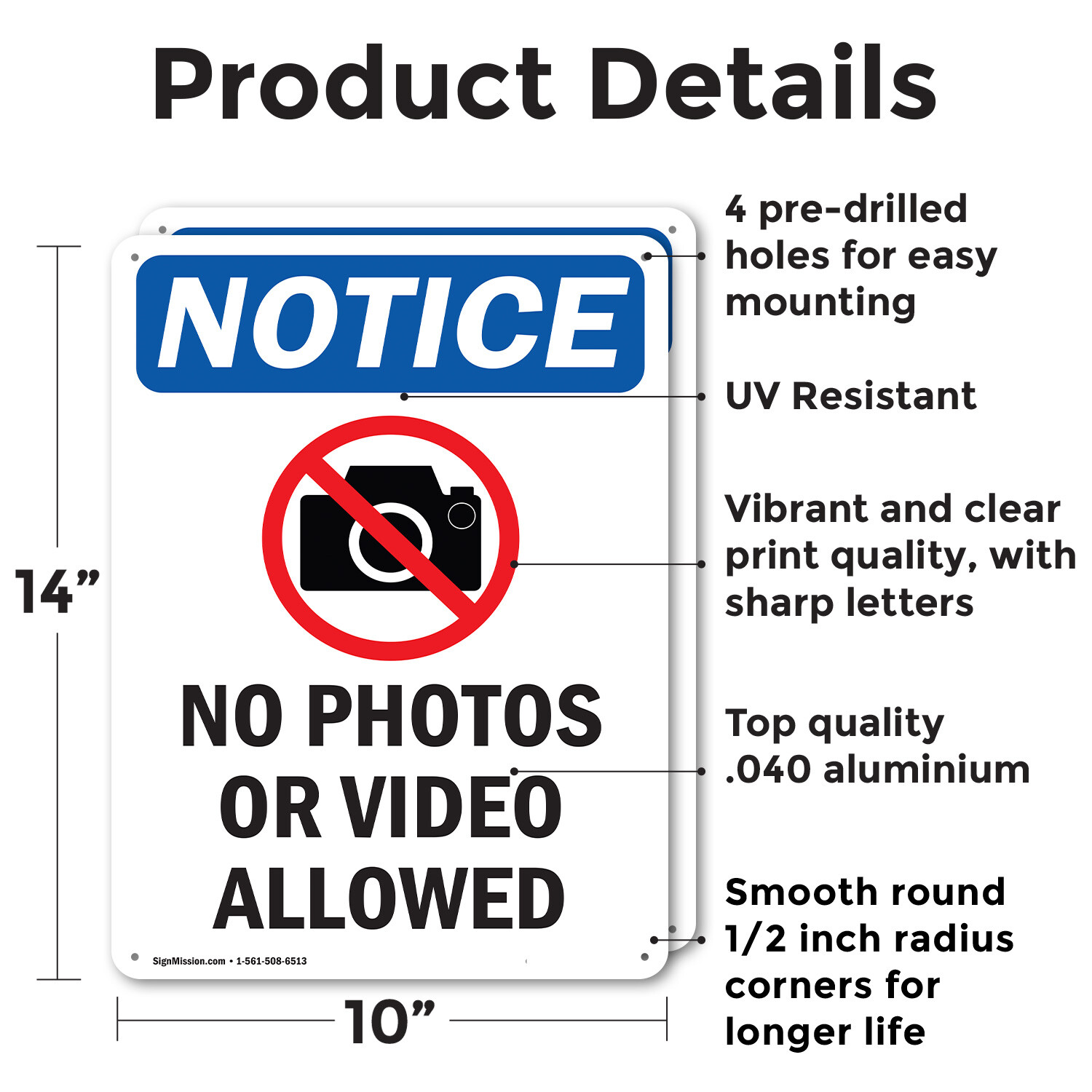 (2 Pack) No Photos Or Video Allowed OSHA Notice Sign Decal Metal Plastic