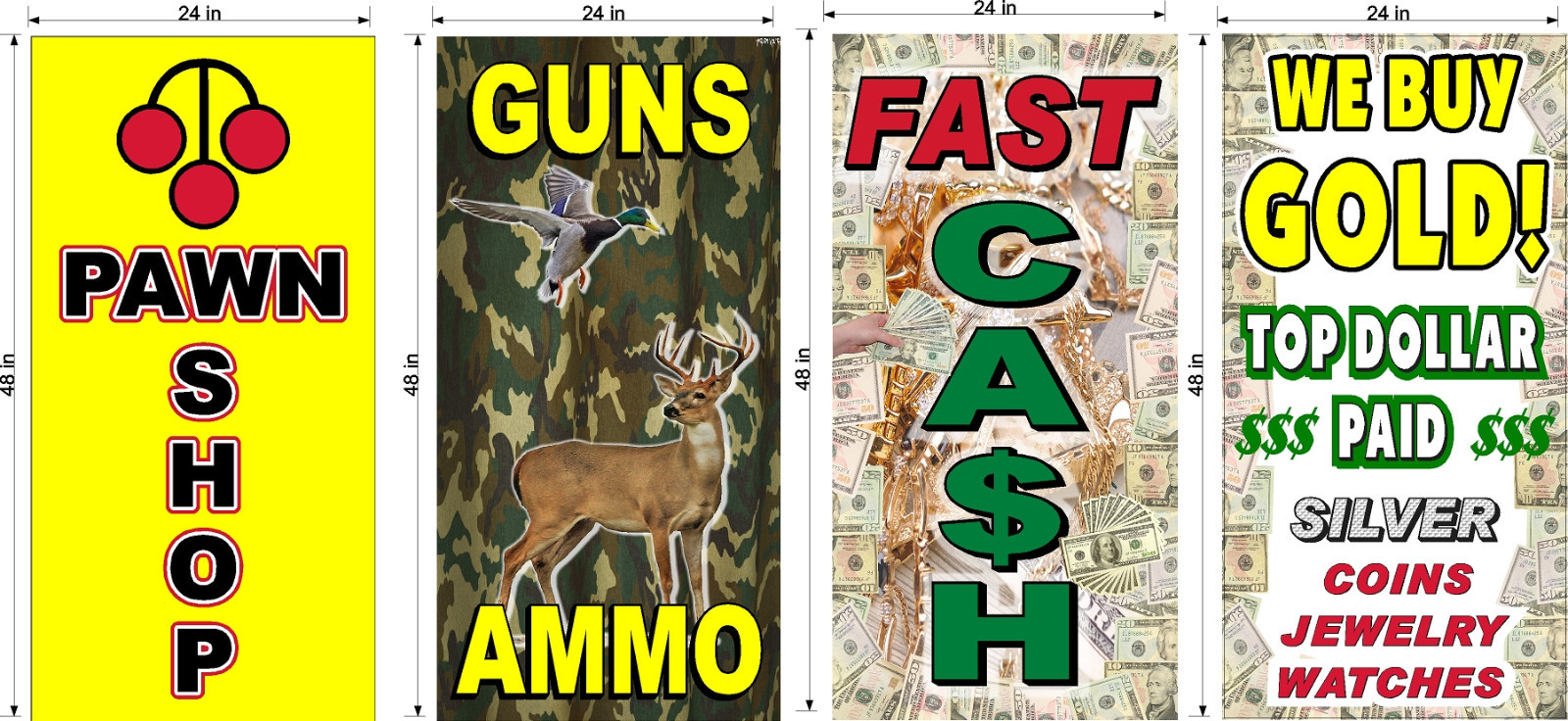 PERFORATED WINDOW DECAL PAWN SHOP CASH FOR GOLD AMMO LOT OF 4 2′ X 4′ VERTICAL